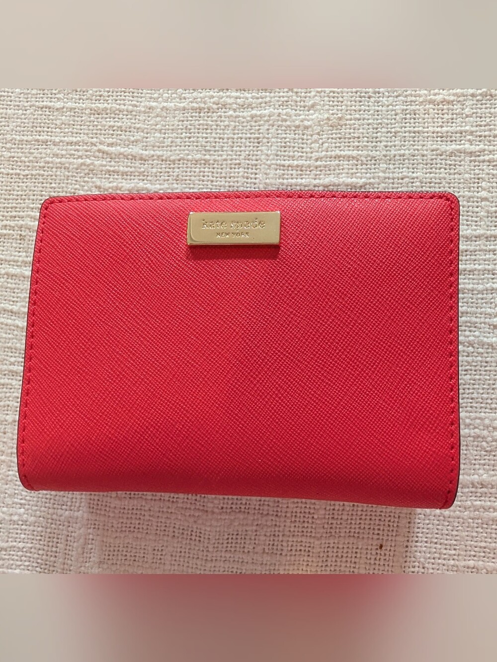 Kate Spade Red Saffiano Compact Wallet with Gold Plaque